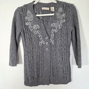 DKNY Jwans Embroidered Grey 2 Button Wool Cardigan Y2k Bella Swan Size Small